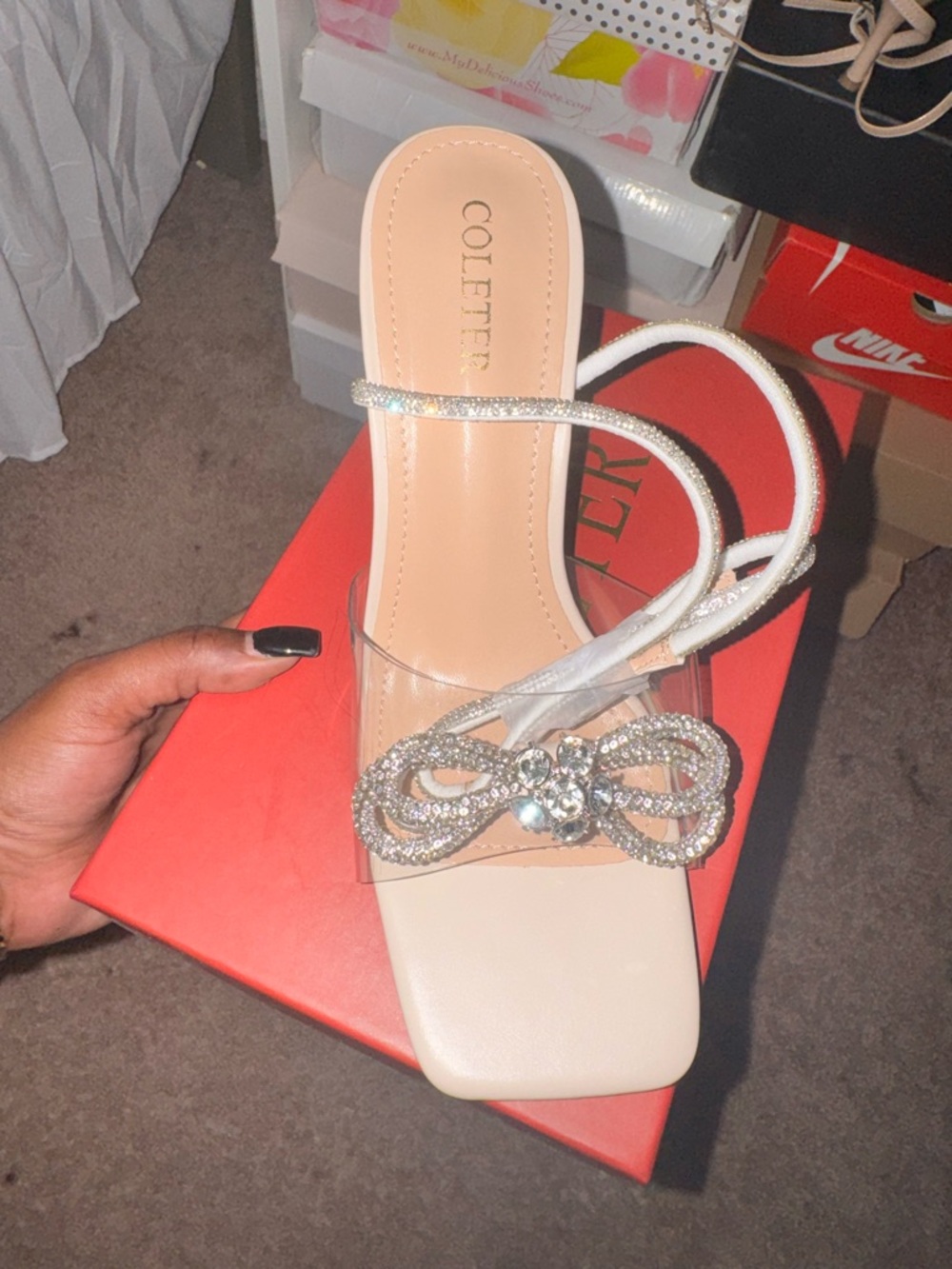 Bow-Embellished Clear Strap Sandal in Ivory